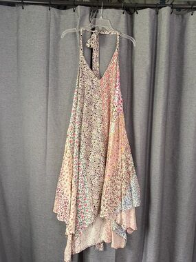 Blue Sky Patchwork Floral Asymmetrical Halter Dress - Pink, Cream, Blue